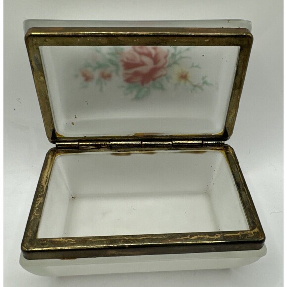 Trinket Box with Hinged Lid Brass Frosted White Hand Painted Floral Roses - Picture 7 of 9